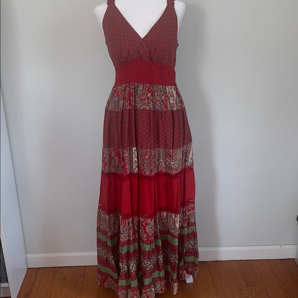 Boho Red Maxi Dress with Paisley Tiered Skirt